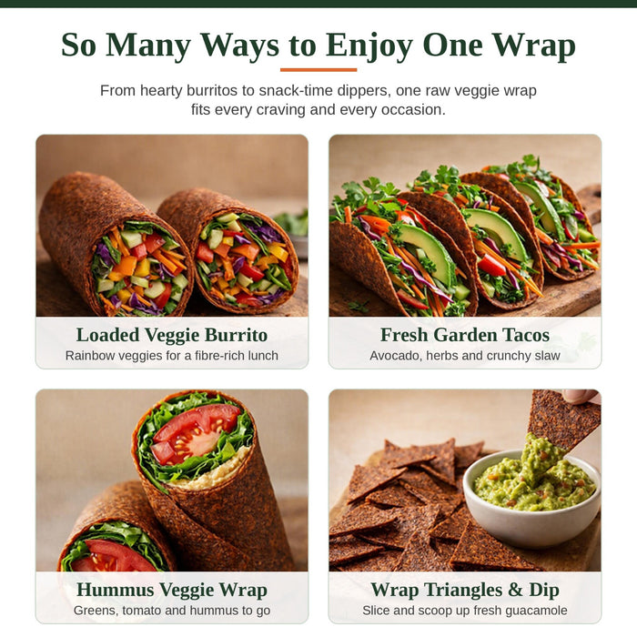 Wrap It Up Raw gluten-free veggie wrap with 7g fibre per wrap