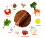 Wrap It Up Raw wrap ingredients — flax seed, garlic, carrots, red pepper, lemon juice, yellow onion, sun-dried tomatoes, himalayan salt, pepper, parsley