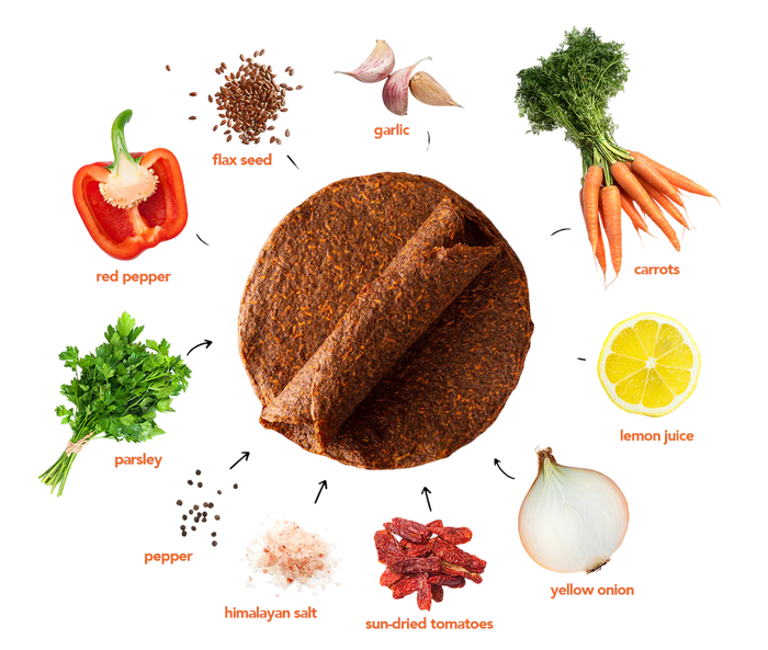 Wrap It Up Raw wrap ingredients — flax seed, garlic, carrots, red pepper, lemon juice, yellow onion, sun-dried tomatoes, himalayan salt, pepper, parsley
