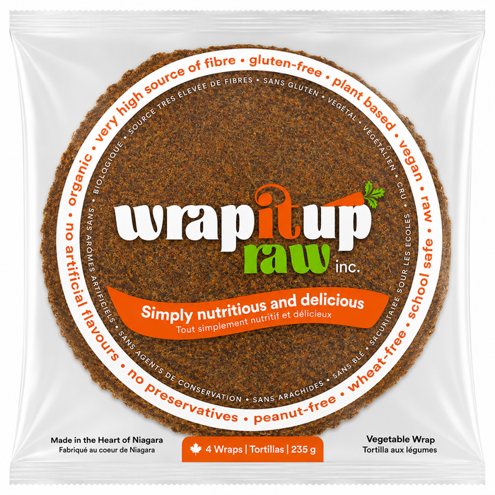 Wrap It Up Raw large gluten-free wrap, 12g fibre per wrap, vegan, made in Ontario