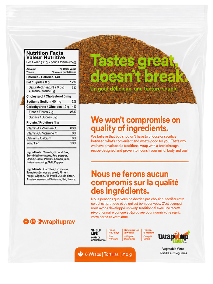Wrap It Up Raw small wraps bag back label, gluten-free and vegan, made in Ontario