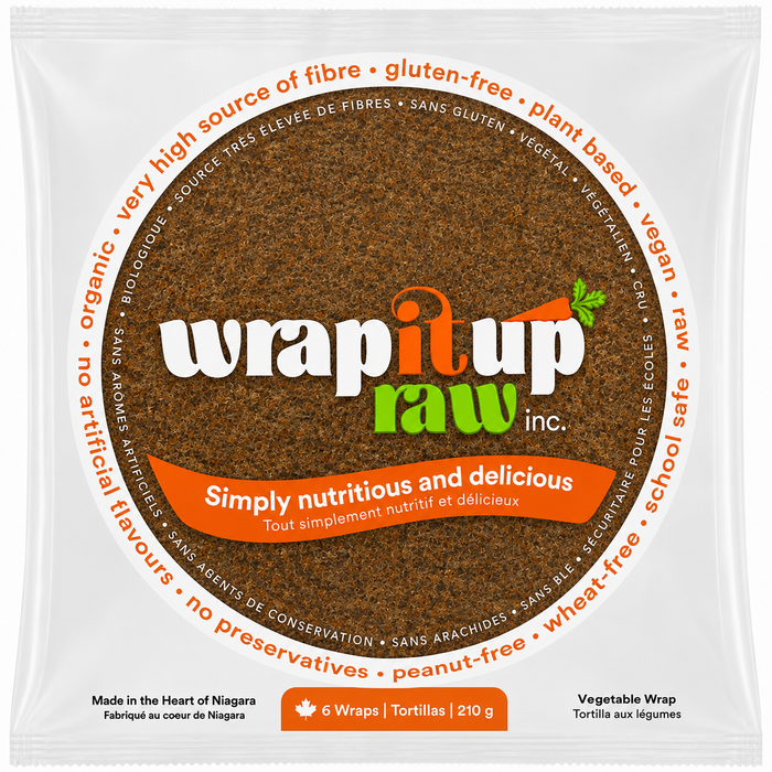 Wrap It Up Raw small gluten-free wrap, 7g fibre per wrap, vegan, made in Ontario