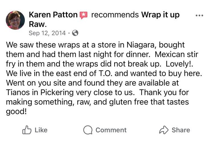 Facebook comment from Karen Patton recommending Wrap It Up Raw
