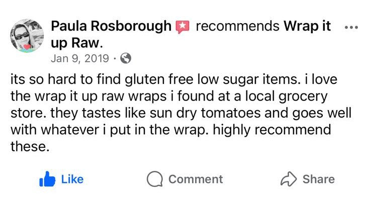 Facebook comment from Paula Rosborough recommending Wrap It Up Raw