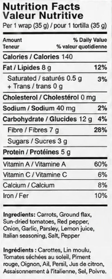 Nutrition Facts label for Wrap It Up Raw wraps, per 1 wrap (35 g)