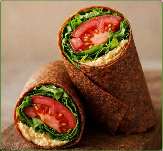 Hummus veggie wrap with greens and tomato