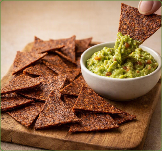 Raw wrap tortilla chips with guacamole dip